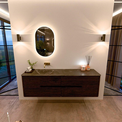 Mondiaz CIRO-DLUX Meuble de salle de bains - 170x45x50cm - Plan vasque solid surface Lava - 1 lavabo à gauche - sans trous de robinet - 4 tiroirs - Noyer
