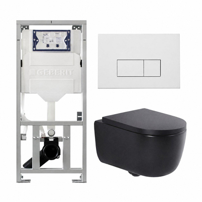 QeramiQ Dely Swirl Ensemble WC - 36.3x51.7cm - Réservoir encastré Geberit UP320 - Abattant de 35mm d'épaisseur - Plaque de commande en métal blanc mat - Boutons rectangulaires - Noir mat
