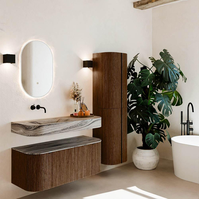 MONDIAZ THOR-DLUX 110cm badmeubel ronding links + rechts kleur Walnut met 1 lade en 2 deuren. Vrijhangende wastafel CLOUD Links zonder kraangat kleur Sombra.