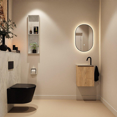 MONDIAZ TURE-DLUX Meuble toilette - 40cm - Washed Oak - EDEN - vasque Opalo - position gauche - 1 trou de robinet