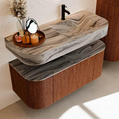 MONDIAZ THOR-DLUX Meuble de salle de bains 110cm arrondi gauche + droite couleur Ruby avec 1 tiroir et 2 portes. Vasque suspendue CLOUD Droite 1 trou de robinet couleur Sombra.