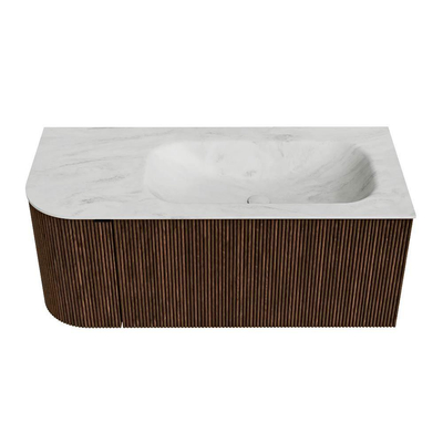 MONDIAZ KURVE-DLUX 105cm badmeubel met module 25 L kleur Walnut met 1 lade en 1 deur. Wastafel BIG SMALL rechts zonder kraangat kleur Opalo.