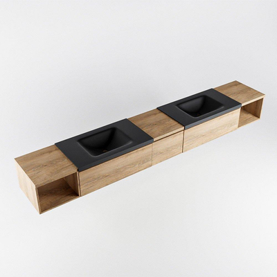 MONDIAZ BUKLA 280cm badmeubel met open module 40 L+R kleur Washed Oak met 3 lades. Wastafel CLOUD dubbel 2 kraangaten kleur Urban.