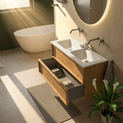 Saniclass Holz Frame Ensemble meuble de salle de bains - 120x45x77.5cm - lavabo Torino en solid surface blanc - sans trou de robinet - 2 tiroirs - chêne natural mat (bois)