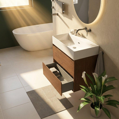 Saniclass Holz Pure Ensemble meuble de salle de bains - 80x45x72cm - lavabo Legend en céramique blanc - 1 vasque - sans trou de robinet - 2 tiroirs - walnut pure mat (bois)