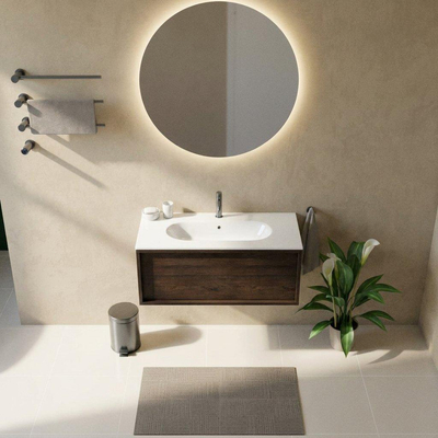 Saniclass Holz Frame Ensemble meuble de salle de bains - 100x45x53.9cm - Vasque en céramique Chaci blanche - 1 vasque - 1 trou de robinet - 1 tiroir - chêne charcoal mat (bois)