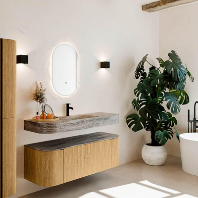 MONDIAZ THOR-DLUX 130cm meuble de salle de bains arrondi gauche + droite couleur Oak avec 1 tiroir et 2 portes. Vasque suspendue CLOUD Milieu 1 trou de robinet couleur Oza.