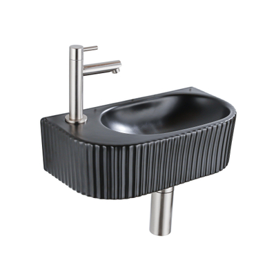 QeramiQ Fuente Ensemble de lavabo - 40x21.5x12cm - gauche - nervuré - demi-rond - 1 trou de robinet - céramique - robinet de lavabo acier inoxydable brossé - bouchon de vidange - siphon abaissé - noir mat