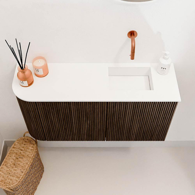 Mondiaz JOYA 81.6cm toiletmeubel - ronding links kleur Walnut - Wastafel FAYE positie Rechts Zonder kraangat kleur Talc.