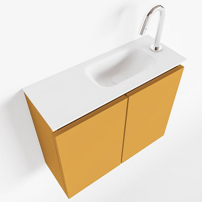MONDIAZ TURE Kit lave-mains - 60x23x50cm - 1 trou de robinet - 2 portes - ocre mat - Lavabo à droite - Solid Surface Blanc