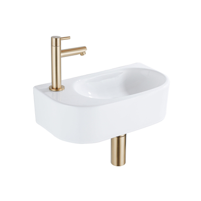 QeramiQ Fuente Ensemble lavabo - 40x21.5x12cm - gauche - lisse - semi-rond - 1 trou de robinet - céramique - robinet de lave-mains laiton brossé - bonde - siphon abaissé - blanc brillant