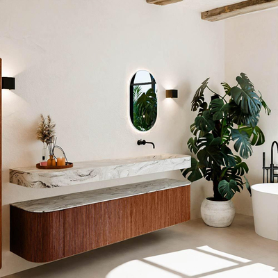 MONDIAZ THOR-DLUX 200cm meuble de salle de bains arrondi gauche + droite couleur Ruby avec 2 tiroirs et 2 portes. Vasque suspendue CLOUD Droite sans trou de robinet couleur Glace.