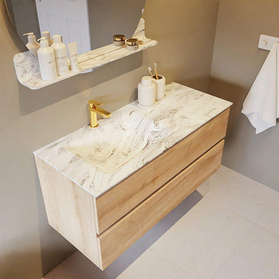 Mondiaz VICA-DLUX Ensemble de meuble de salle de bain - 110cm - meuble sous-vasque chêne blanchi - 2 tiroirs - lavabo encastré cloud gauche - 1 trou de robinet - version haute de 60cm - glace