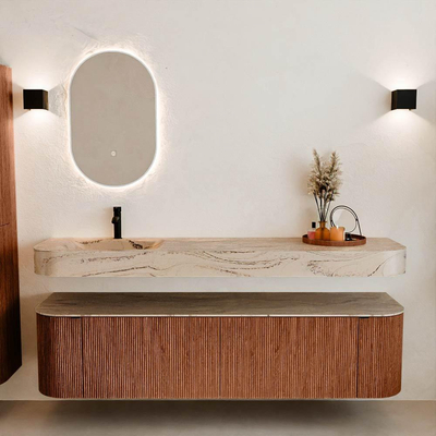 MONDIAZ THOR-DLUX 180cm meuble de salle de bains arrondi gauche + droite couleur Ruby avec 2 tiroirs et 2 portes. Vasque suspendue CLOUD Gauche 1 trou de robinet couleur Arena.