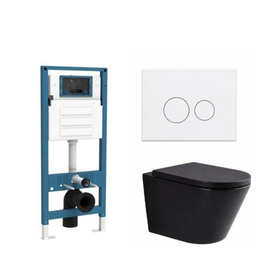 QeramiQ Dely Ensemble de toilette - réservoir encastré Qeramiq Flush - abattant 35mm - plaque de commande blanche mate en métal - boutons ronds - noir mat