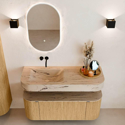 MONDIAZ THOR-DLUX 120cm badmeubel ronding links + rechts kleur Oak met 1 lade en 2 deuren. Vrijhangende wastafel CLOUD Links zonder kraangat kleur Arena.