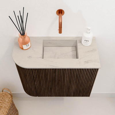 Mondiaz JOYA-DLUX 51.6cm toiletmeubel - ronding links kleur Walnut - Wastafel FAYE positie Rechts Zonder kraangat kleur Opalo.
