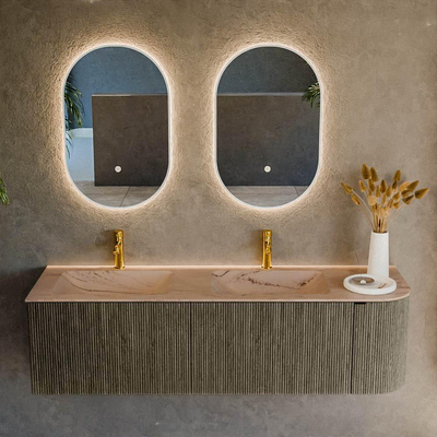 MONDIAZ KURVE-DLUX Meuble de salle de bains 155cm arrondi à droite couleur Shadow avec 2 tiroirs et 1 porte. Plan-vasque LEAF Double / Lavabos à gauche 2 trous de robinet Arena.