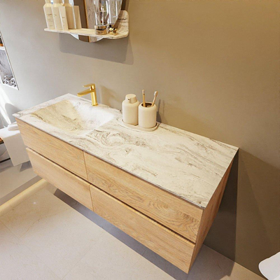 Mondiaz VICA-DLUX ensemble de meuble de salle de bain - 130cm - meuble sous-vasque chêne blanchi - 4 tiroirs - lavabo encastré cloud gauche - 1 trou de robinet - version haute de 60cm - glace