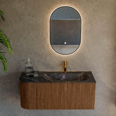 MONDIAZ KURVE-DLUX 105cm Meuble salle de bain avec module 25 G - couleur Walnut - 1 tiroir - 1 porte - vasque BIG SMALL droite - 1 trou de robinet - couleur Lava