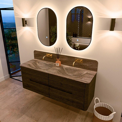 Mondiaz CIRO-DLUX Meuble de salle de bains - 140x45x50cm - lavabo solid surface Oza - 2 vasques double - sans trous de robinet - 4 tiroirs - Shadow
