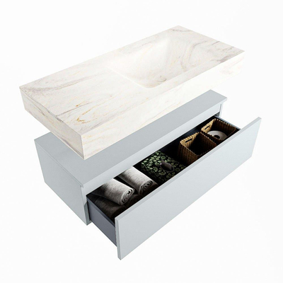 Mondiaz ALAN-DLUX Ensemble de meuble - 100cm - meuble - Clay mat - 1 tiroir - Lavabo Cloud Ostra suspendu - vasque droite - 1 trou de robinet - Beige