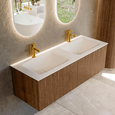 MONDIAZ KURVE 130cm Meuble salle de bain - couleur Walnut - 2 tiroirs - vasque CLOUD double - 2 trous de robinet - Talc