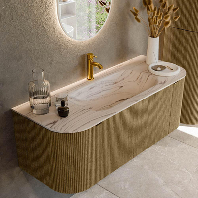 MONDIAZ KURVE-DLUX Meuble de salle de bains 120cm arrondi Gauche + Droite couleur Dusk avec 1 tiroir et 2 portes. Lavabo BIG SMALL Central 1 trou de robinet Nata.