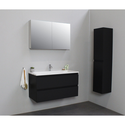 Basic Bella Meuble salle de bains avec lavabo acrylique Blanc avec armoire toilette 2 portes gris 100x55x46cm 1 trou de robinet noir mat