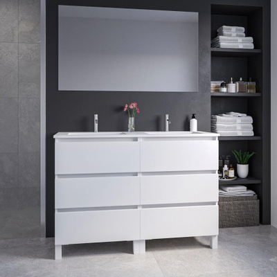 Saniclass Chaci PLUS Meuble de salle de bain - 120x86x46cm - lavabo en céramique blanc - 2 vasques - 2 trous de robinet - 6 tiroirs - miroir rectangulaire - blanc mat