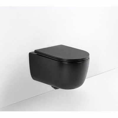 QeramiQ Dely Swirl Ensemble WC - 36.3x51.7cm - Réservoir encastré Geberit UP320 - abattant fin - Plaque de commande en cuivre - Boutons ronds - Noir mat