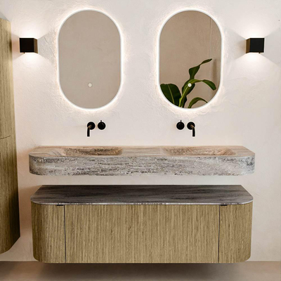 MONDIAZ THOR-DLUX 150cm meuble de salle de bains arrondi gauche + droite couleur Dusk avec 1 tiroir et 2 portes. Vasque suspendue CLOUD Double sans trou de robinet couleur Oza.