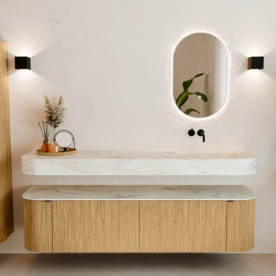 MONDIAZ THOR-DLUX 180cm meuble de salle de bains arrondi gauche + droite couleur Oak avec 2 tiroirs et 2 portes. Vasque suspendue CLOUD Droite sans trou de robinet couleur Ostra.