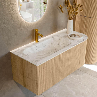 MONDIAZ KURVE-DLUX 105cm Meuble salle de bain avec module 25 D - couleur Oak - 1 tiroir - 1 porte - vasque BIG SMALL gauche - 1 trou de robinet - couleur Glace