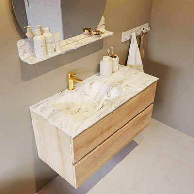 Mondiaz VICA-DLUX Ensemble de meuble de salle de bain - 100cm - meuble sous-vasque chêne blanchi - 2 tiroirs - lavabo encastré cloud gauche - 1 trou de robinet - version haute de 60cm - glace