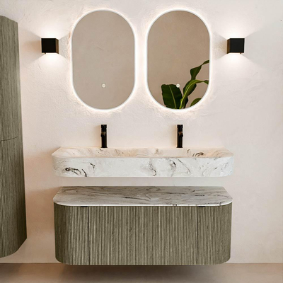 MONDIAZ THOR-DLUX 120cm meuble de salle de bains arrondi gauche + droite couleur Shadow avec 1 tiroir et 2 portes. Vasque suspendue CLOUD Double 2 trous de robinet couleur Glace.