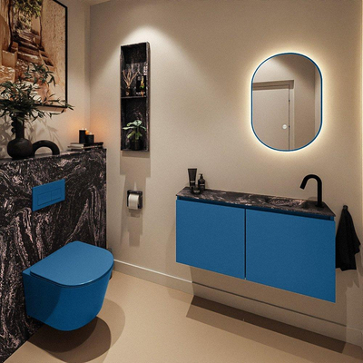 MONDIAZ TURE-DLUX Meuble de WC 100 cm Jeans. Lavabo EDEN Lava position à droite. Avec 1 trou de robinet.