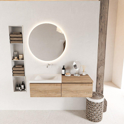 MONDIAZ BUKLA 120cm badmeubel met module 60 kleur Washed Oak met 2 lades. Wastafel CLOUD links 0 kraangaten kleur Talc.