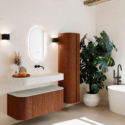 MONDIAZ THOR-DLUX Meuble de salle de bains 110cm arrondi gauche + droite couleur Ruby avec 1 tiroir et 2 portes. Vasque suspendue CLOUD Droite sans trou de robinet couleur Opalo.