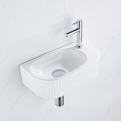 Fugaflow Efficiente Pietra Fonteinset - 40x21.5x12cm - rechts - geribbeld - halfrond - 1 kraangat - keramiek - fonteinkraan chroom - afvoerplug - verlaagd sifon - wit glans