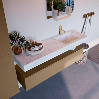 Mondiaz ALAN-DLUX Ensemble de meuble - 150cm - meuble Oro mat - 1 tiroir - Lavabo Cloud Opalo suspendu - vasque Droite - 1 trou de robinet