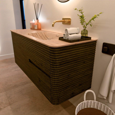 Mondiaz CIRO-DLUX Ensemble de meubles de salle de bains - 120x45x50cm - Plan vasque solid surface Arena - 1 lavabo à droite - sans trous de robinet - 2 tiroirs - Shadow