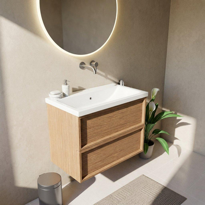 Saniclass Holz Frame Ensemble de meubles de salle de bains - 80x45x63.5cm - lavabo en céramique Bari blanc - 1 vasque - sans trou de robinetterie - 2 tiroirs - chêne naturel mat (bois)