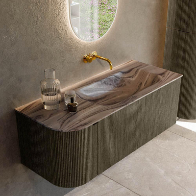 MONDIAZ KURVE-DLUX Meuble de salle de bains 115cm arrondi gauche couleur Shadow avec 1 tiroir et 1 porte. Lavabo BIG SMALL droit sans trou de robinetterie Sombra.