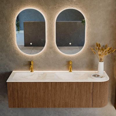 MONDIAZ KURVE-DLUX 145cm Meuble salle de bain avec module 25 D - couleur Walnut - 1 tiroir - 1 porte - vasque LEAF double / gauche - 2 trous de robinet - couleur Ostra