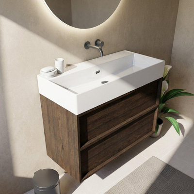 Saniclass Holz Frame Ensemble de meuble de salle de bains - 100x45x72cm - Legend lavabo en céramique blanc - 1 vasque - sans trou de robinet - 2 tiroirs - chêne charcoal mat (bois)