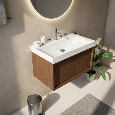 Saniclass Holz Frame Ensemble de meuble de salle de bains - 80x45x47.5cm - Vasque en céramique Wave - 1 vasque - 1 trou de robinet - 1 tiroir - walnut pure mat (bois)