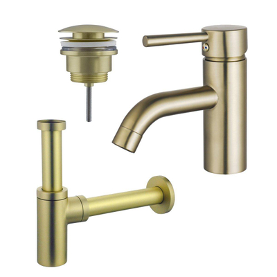 FortiFura Calvi Kit mitigeur lavabo - robinet bas - bonde clic clac - siphon design - PVD Laiton brossé