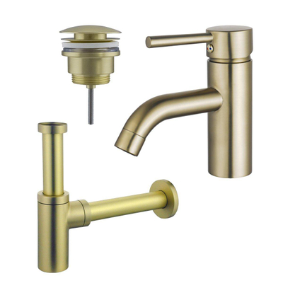 Fortifura Calvi Wastafelkraanset - lage wastafelkraan - klikwaste plug - design - sifon - PVD - geborsteld messing (goud)