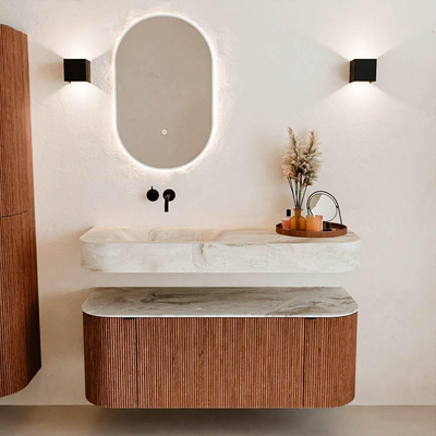 MONDIAZ THOR-DLUX 120cm meuble de salle de bains arrondi gauche + droite couleur Ruby avec 1 tiroir et 2 portes. Vasque suspendue CLOUD Gauche sans trou de robinet couleur Frappe.